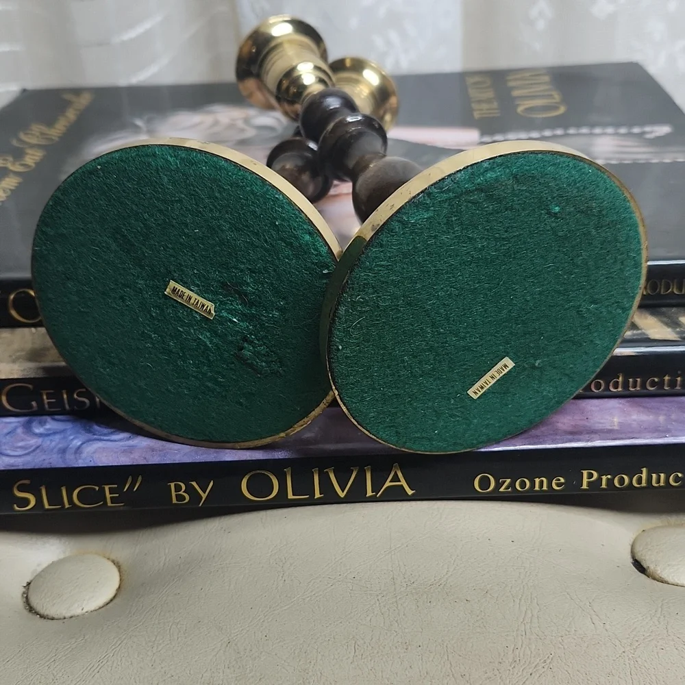 Vintage Collectable Brass & Wood Tapered Candlestick Holders Set of 2